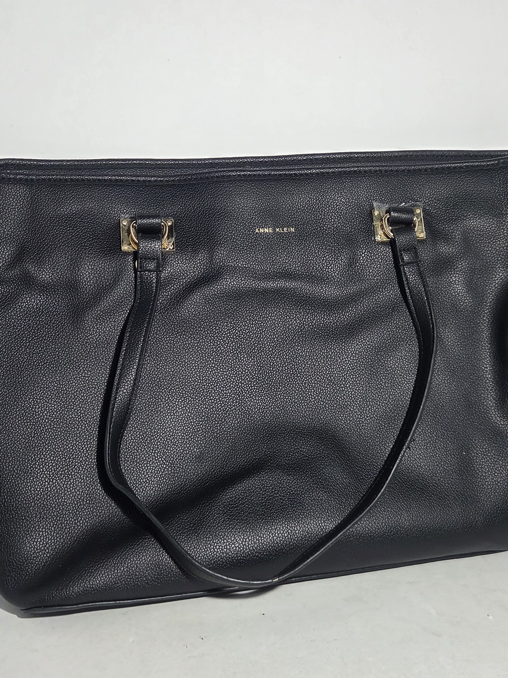 Anne Klein Black Pebbled Faux Leather Tote Bag Large Work Travel Shoulder Purse